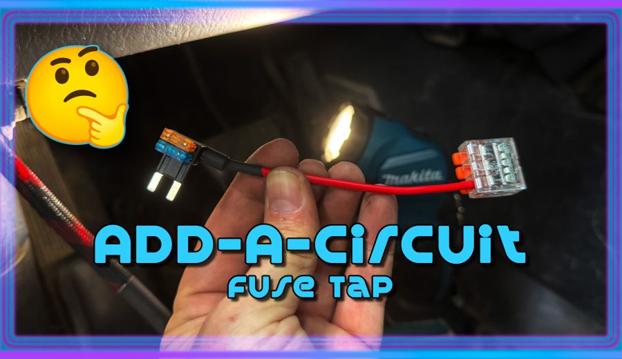 Article image for Add-A-Circuit Fuse Tap. Hand holding the tap, fuses on one end, level connector on the other. WJ floorboard and flashlight in the background. Emoji considering if this is a good product.
