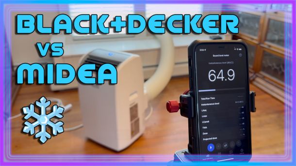 Video thumbnail image of the Black+Decker portable air conditioner along with an SPL sound meter.